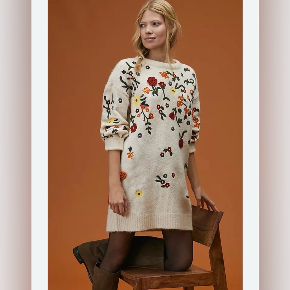 Anthropologie sweater dress with Floral Embroidery
